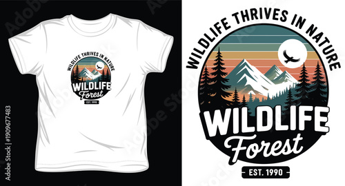Wildlife forest t-shirt design with mountains, trees, and a flying bird, wildlife thrives in nature motto and established 1990