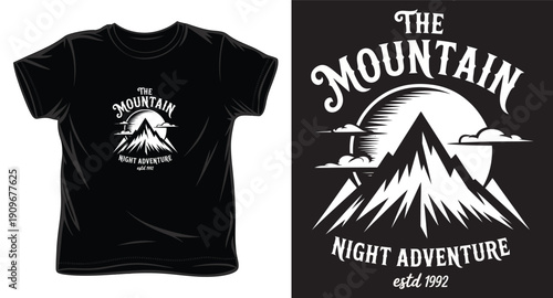 Mountain night adventure t-shirt design with a full moon, clouds, and rugged peaks for outdoor apparel