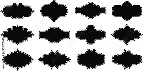 A collection of black and white label shapes with intricate designs on a plain background