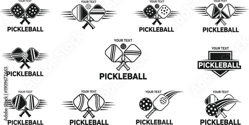 Pickleball logo set with crossed paddles and perforated balls, black vector sports emblems isolated on white background for branding design