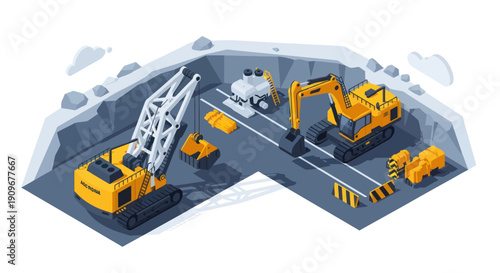 Construction site with excavators and cranes in operation.