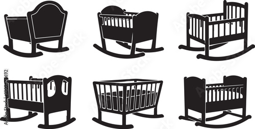 Various Black Silhouettes of Rocking Cribs for Babies