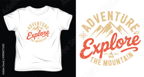 Adventure explore the mountain t-shirt design with a vintage compass, campfire, and rugged peaks for nature lovers