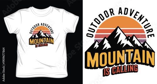 Mountain is calling outdoor adventure t-shirt design featuring vintage sunset stripes and dark mountain range silhouettes