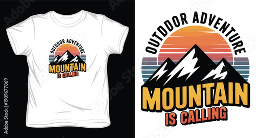 Mountain is calling outdoor adventure graphic t-shirt design with purple sunset sky and sharp mountain peaks vector