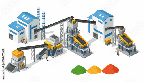 Industrial production facility with machinery and colored powders.