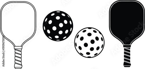 Pickleball paddle and perforated ball silhouettes, black and white vector illustration set isolated on white background, sports equipment design collection
