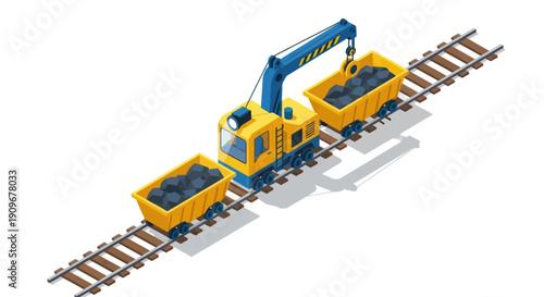 Yellow train engine with crane and cargo wagons on railway tracks.