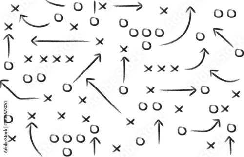 Hand drawn football playbook diagram with Xs Os and arrows suggesting plays