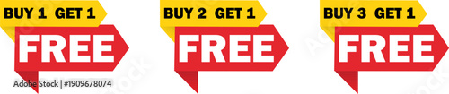 Set of buy one get one free vector labels with red and yellow tags, promotional marketing design for sales, discounts and special retail offers