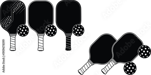 Pickleball paddle collection with perforated balls isolated on white background, black and white vector illustration set with solid and outline styles