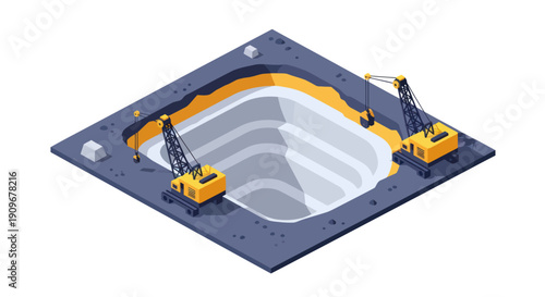 Isometric illustration of construction site with excavators and foundation pit.
