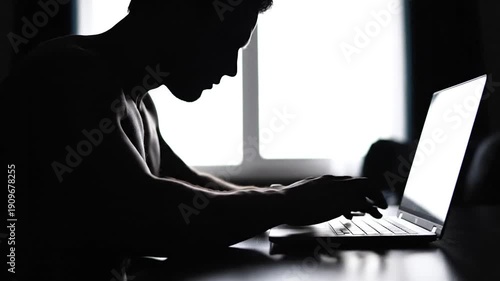 Wallpaper Mural Silhouette of a man typing on a laptop, illuminated screen against a window Torontodigital.ca