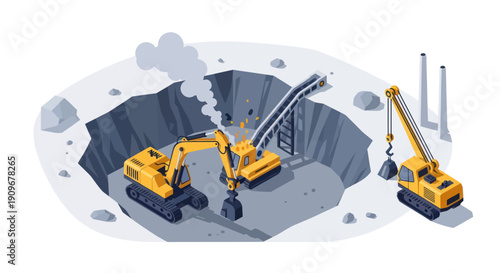 Heavy machinery excavation in a large pit with cranes and excavators.