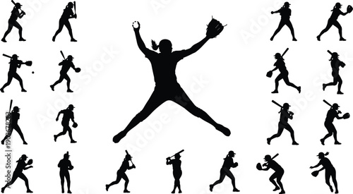 Softball player silhouettes collection with pitcher, batter, catcher and fielding actions, black vector illustration set isolated on white background