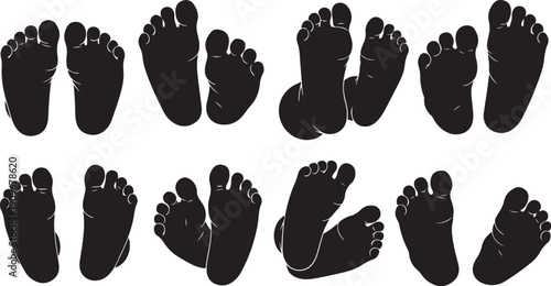 Collection of various black foot silhouettes on white background