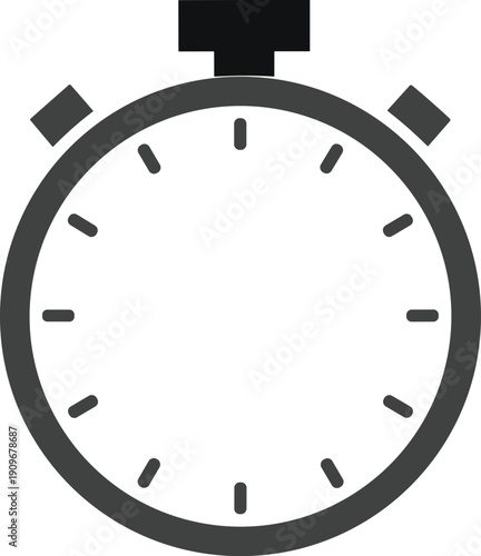 Stopwatch vector illustration, black and white circular timer icon, simplified stylized design, abstract time measurement symbol for sports and experiments