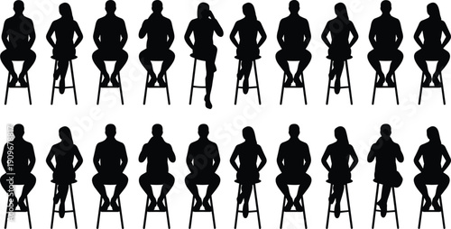 Silhouettes of men and women seated on stools in varied poses, posture and lifestyle vector illustration for social, casual, and design themes