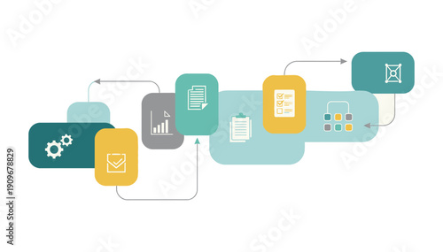 Modern info graphic template with various icons and interconnected boxes showcasing workflow and data visualization in a clean design