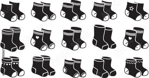 Collection of various black and white sock designs illustration