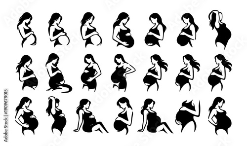 Pregnant Women Silhouette Icon Set – Minimal Black and White Maternity Poses