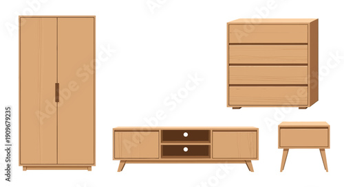 A set of light wood furniture including a wardrobe dresser and nightstand