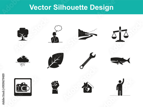 Vector Silhouette Icons: Nature, Law, Tools, and People Concepts Collection