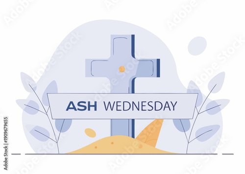 ash wednesday christian symbol with cross and leaves on white background