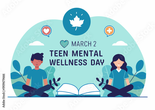 teen mental wellness day awareness campaign with people meditating and book