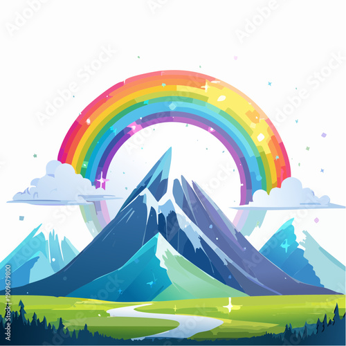 Vibrant Cartoon Landscape with Majestic Mountains, Flowing River, and a Bright Rainbow Arching Over Green Fields