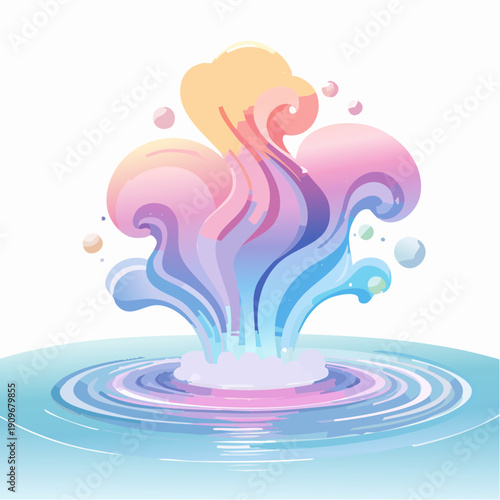 Vibrant Abstract Water Splash with Dynamic Rainbow Colors Emanating from a Rippled Pool in a Stylized Illustration