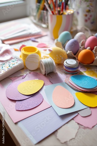 Handmade Easter cards, egg cutouts, glitter, ribbons and glue scattered on crafting table in bright workspace. Playful creative spring activity scene with holiday charm and childhood vibes.
