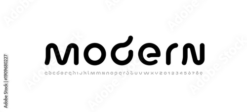Technology font, digital cyber alphabet, rounded letters A, B, C, D, E, F, G, H, I, J, K, L, M, N, O, P, Q, R, S, T, U, V, W, X, Y, Z and numerals 0, 1, 2, 3, 4, 5, 6, 7, 8, 9 space style