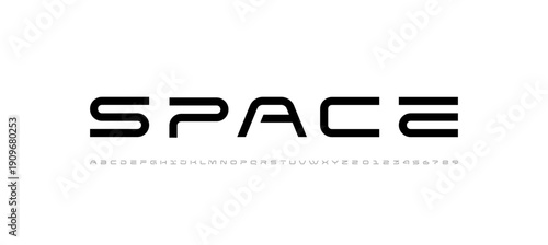 Technical font, digital wide cyber alphabet, letters from A to Z and numbers from 0 to 9 for you logo designs, vector illustration 10EPS