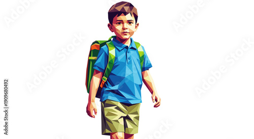 Low poly art style of a boy wearing a backpack ready for school, set against a clean white background. Suitable for education, back to school and art projects.