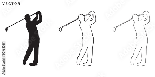 Golf man silhouette, young man playing golf vector art illustration on a white background