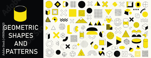 A collection of geometric shapes and patterns in yellow and black on a white background.