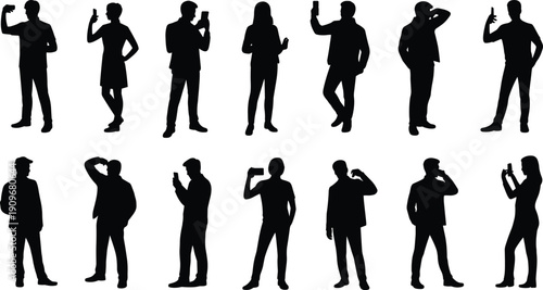 Silhouettes of men and women using smartphones, texting, browsing, calling, and taking selfies, modern digital interaction vector illustration for design