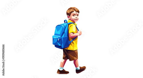 Illustration of a young boy with a blue backpack walking. Low polygon vector style. Back to school, education, childhood concept. Graphic resource for websites, banners.