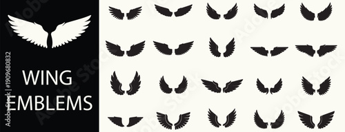 Collection of wing emblems in various designs on contrasting backgrounds viewed from directly above