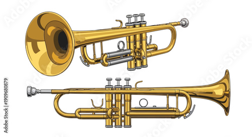 Two golden trumpets displayed in a detailed illustrative style
