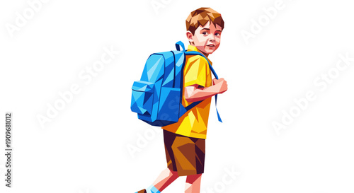 Stylized digital illustration of a young boy with a backpack, isolated on a white background. Abstract artwork, for use in educational, and youth-oriented campaigns.