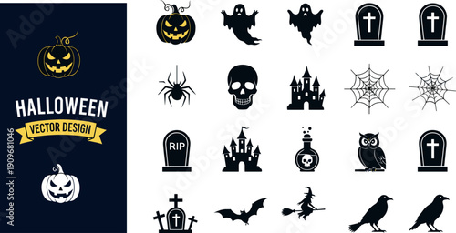 Collection of Halloween line and silhouette icons including pumpkins ghosts bats spiders castles and spooky symbols