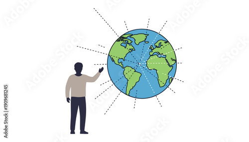 Man interacting with a digital globe showcasing global connectivity and modern technology in a simple graphic illustration style