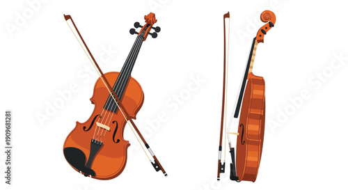 Two illustrations of a brown violin with bows shown from different angles