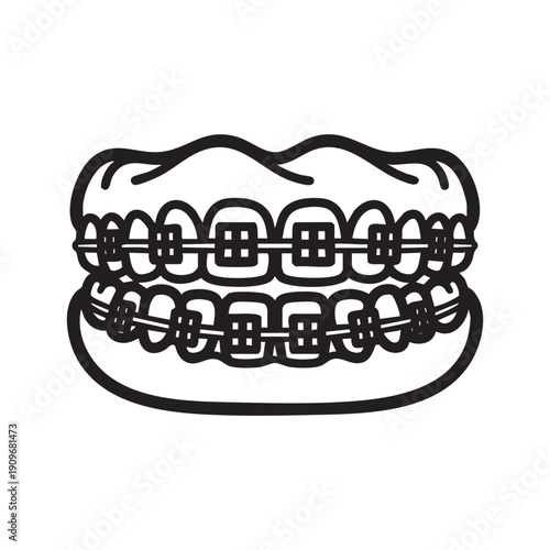 A black and white drawing of teeth with braces