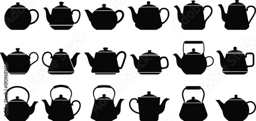 Teapot Silhouette Collection Set of Classic and Vintage Tea Kettle Designs Isolated on White Background Vector Illustration