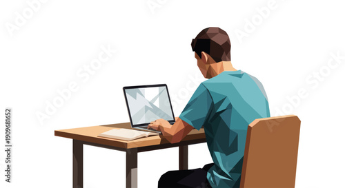 Low poly illustration of a person working on a laptop at a desk. Ideal for representing remote work, education, technology, and modern lifestyle.