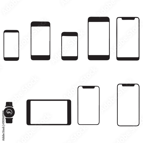 A collection of various mobile devices and a smartwatch displayed on a white background.