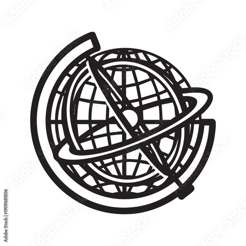 A black and white drawing of a globe with a ring around it
